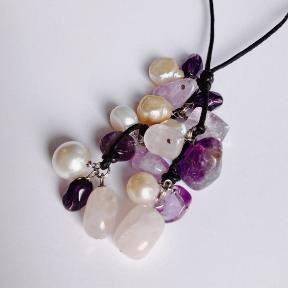 VTG Pendant Necklace 17" Gemstone Amethyst Rose Quartz Freshwater Pearl Cluster - Picture 11 of 14